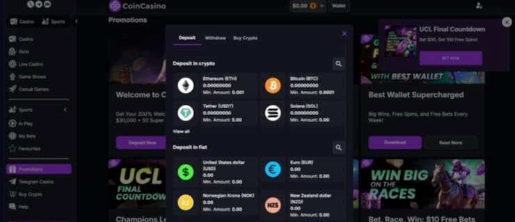 A screenshot of the coincasino crypto Casino site crypto betting screen